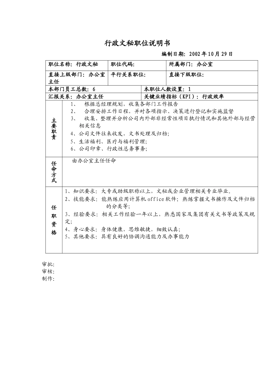 行政文秘职位说明书.doc_第1页