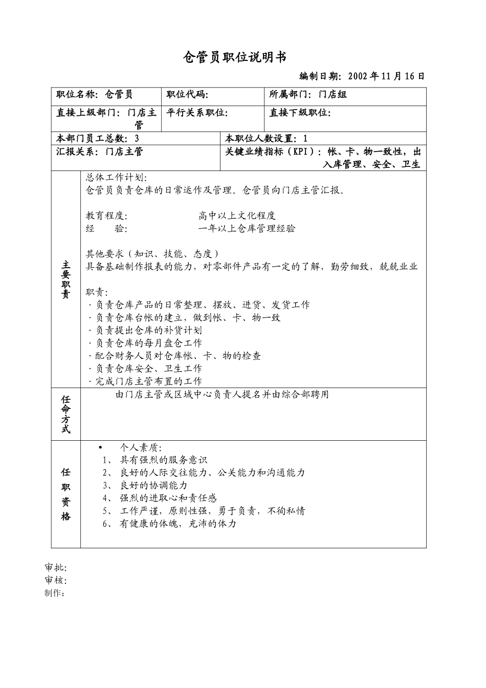 仓管员职位说明书.doc_第1页