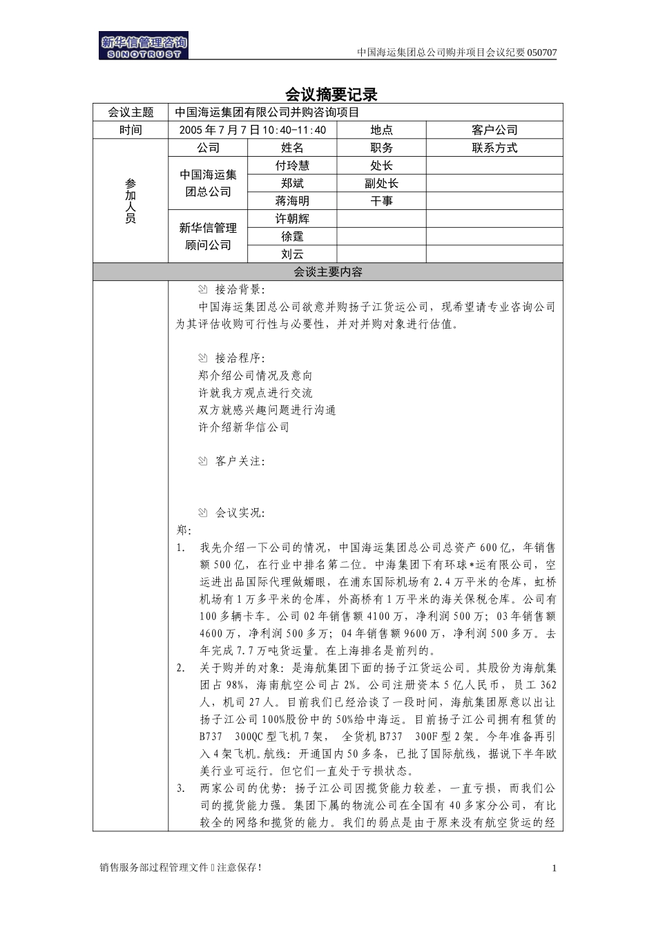 中国海运集团总公司购并项目会议纪要-上海050707－尤建峰.doc_第1页