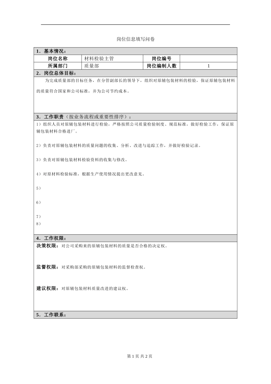 岗位信息填写问卷(材料检验主管）.doc_第1页