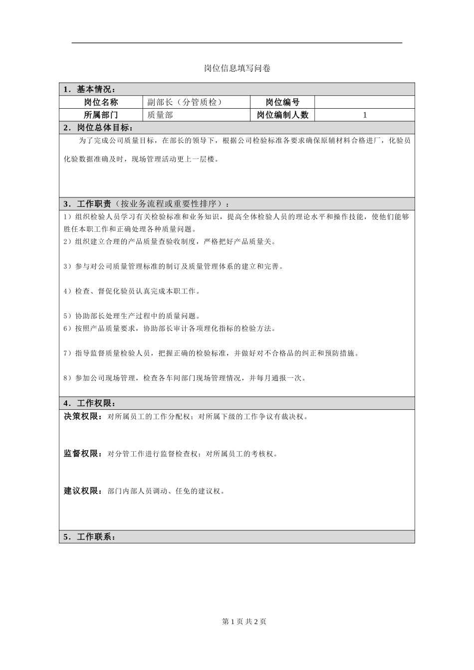 岗位信息填写问卷(副部长分管质检）.doc_第1页