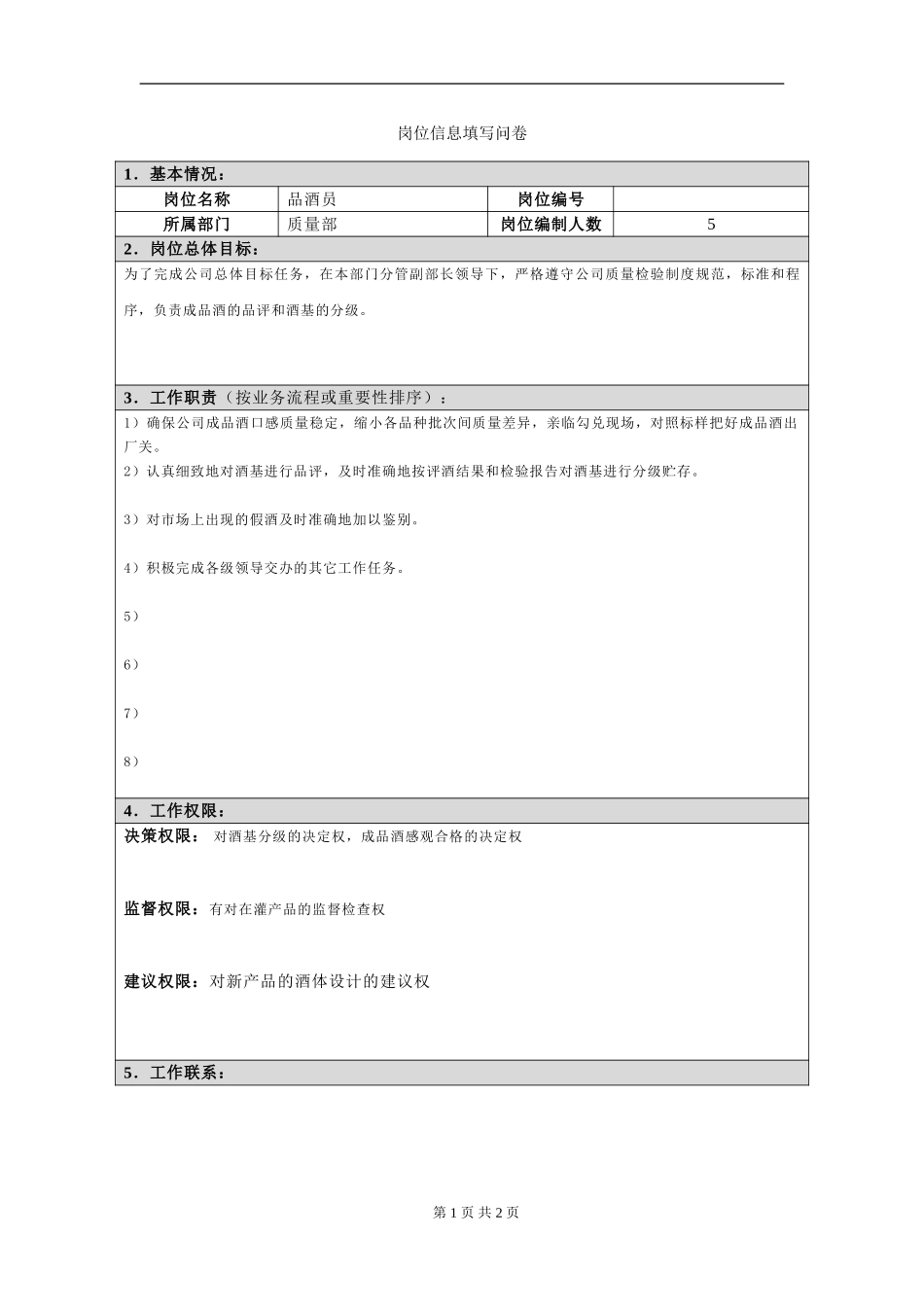 岗位信息填写问卷20060811(品酒员）.doc_第1页